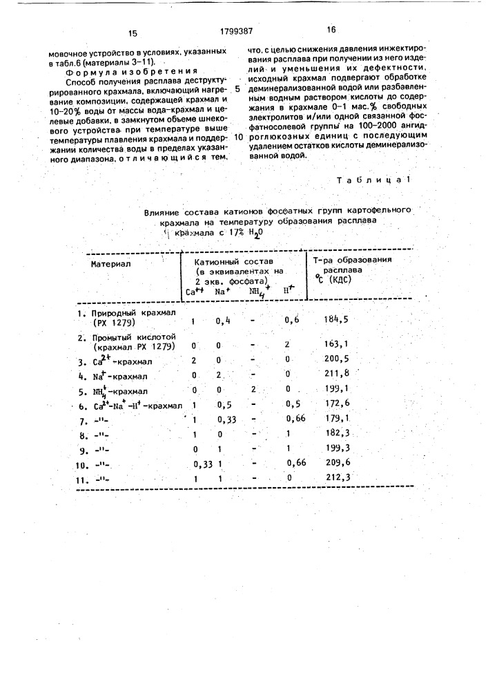 Способ получения расплава деструктурированного крахмала (патент 1799387)