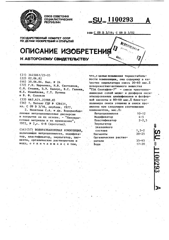 Водоразбавляемая композиция (патент 1100293)