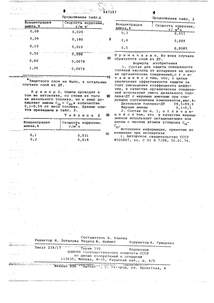 Состав для защиты поверхности соляной кислоты от испарения (патент 647247)