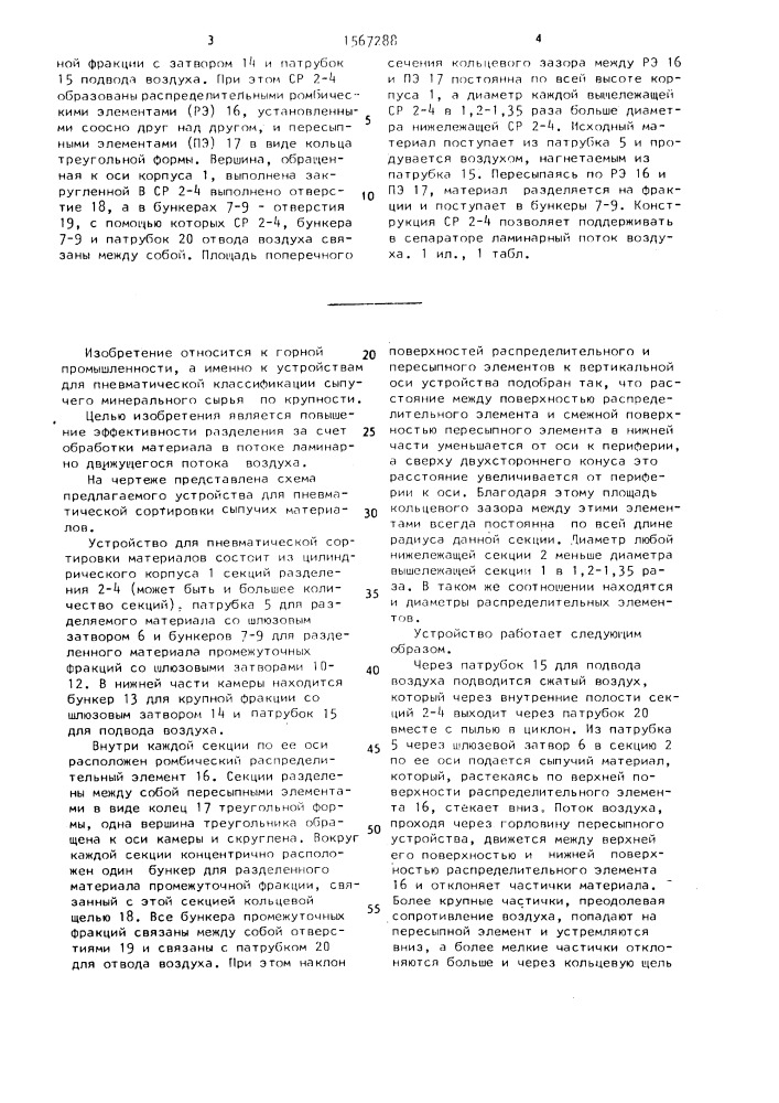 Устройство для пневматической сортировки материалов (патент 1567288)