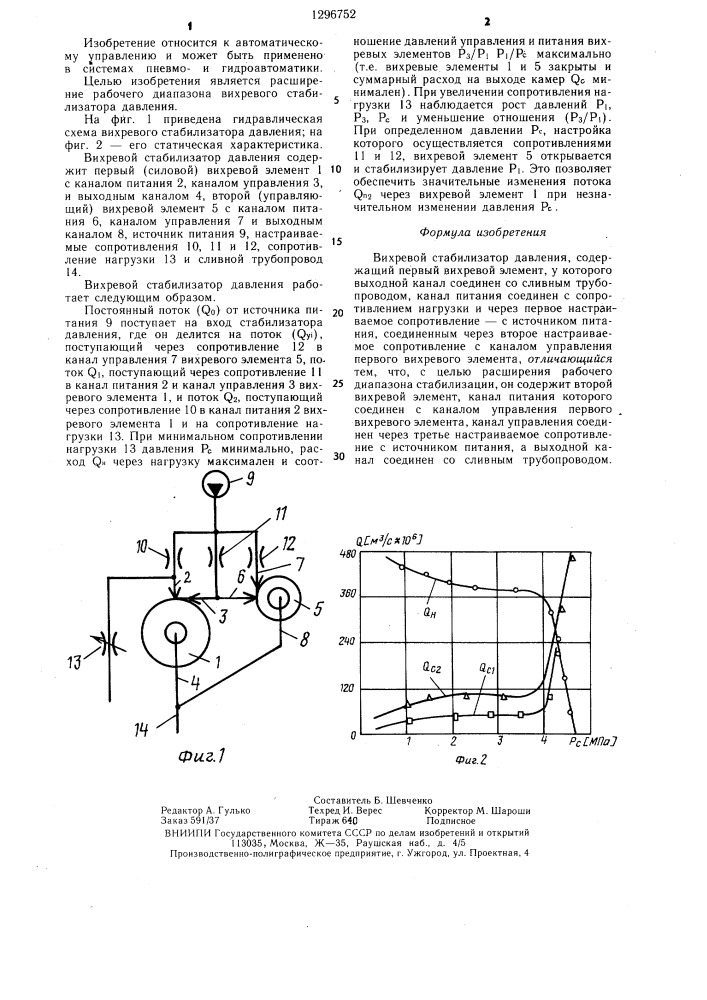 Вихревой стабилизатор давления (патент 1296752)