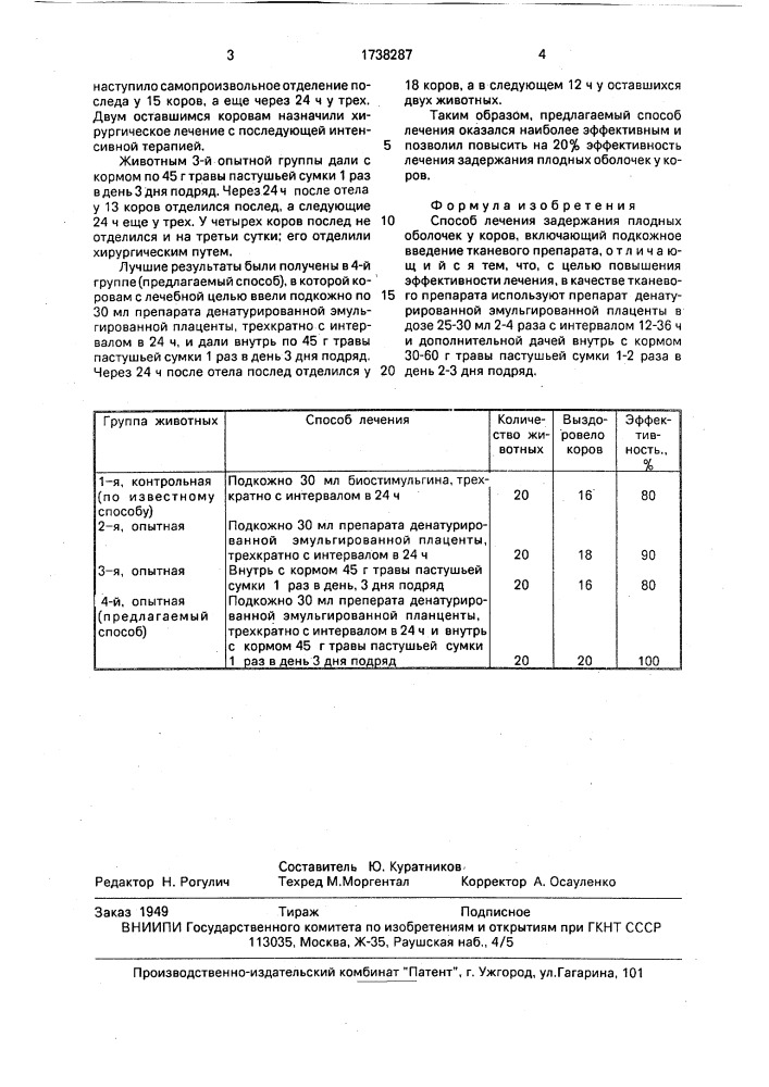 Способ лечения задержания плодных оболочек у коров (патент 1738287)