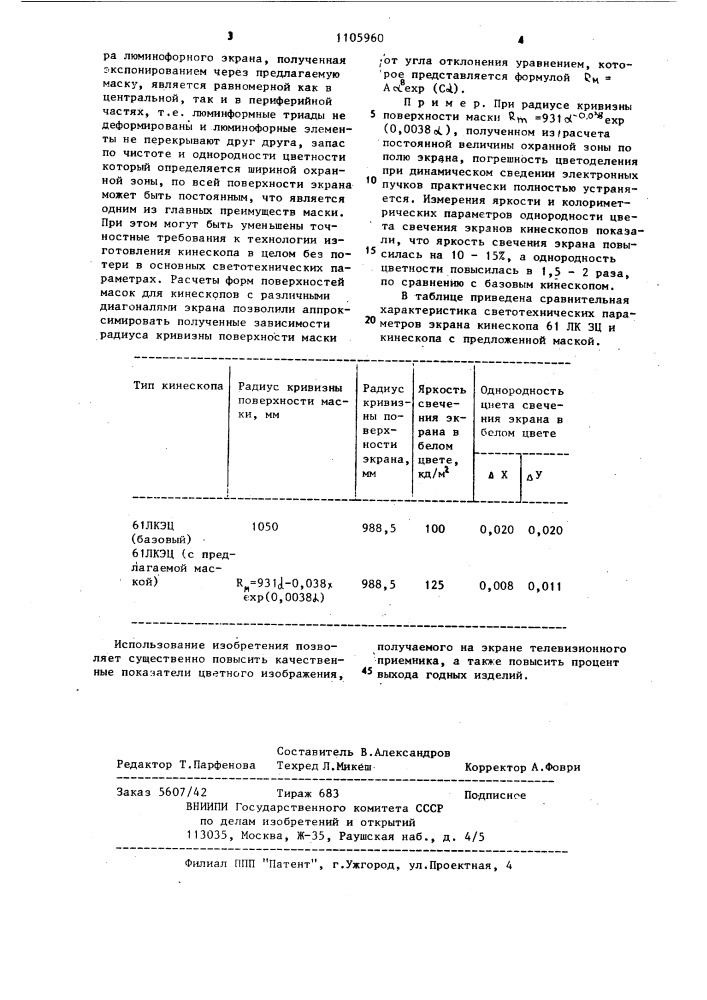 Теневая цветоделительная маска для цветного кинескопа (патент 1105960)