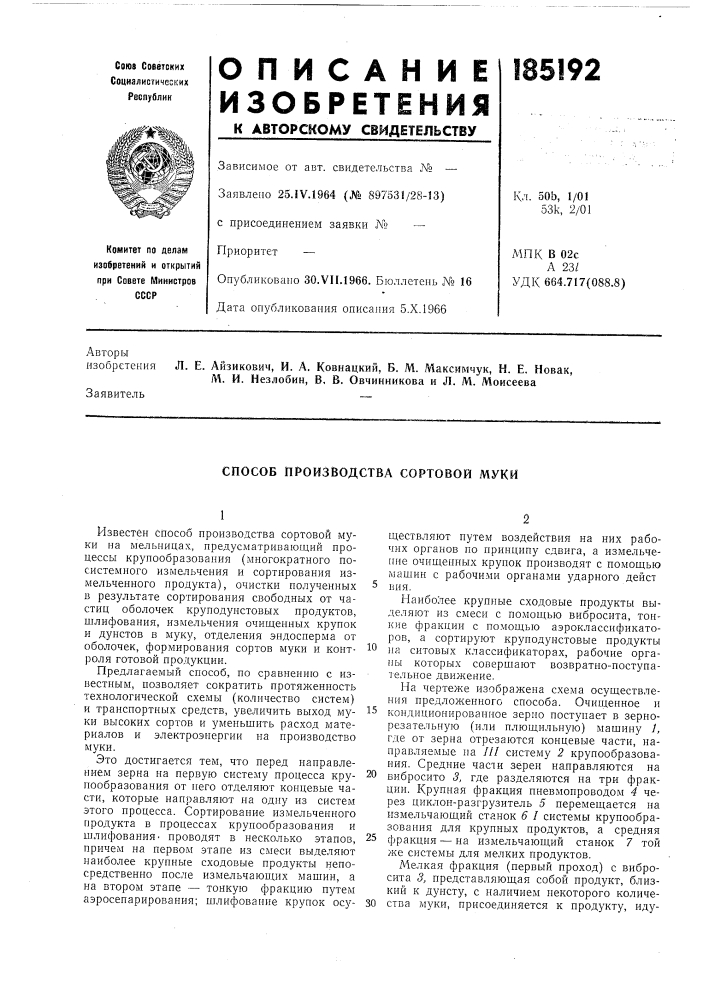 Способ производства сортовой муки (патент 185192)