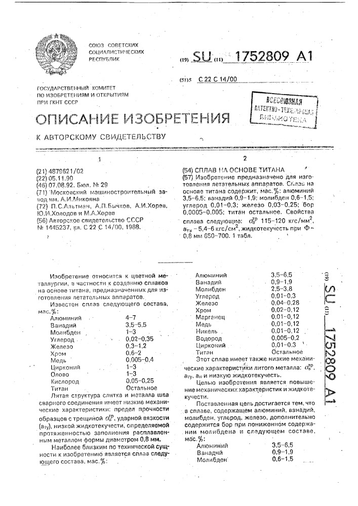 Сплав на основе титана (патент 1752809)