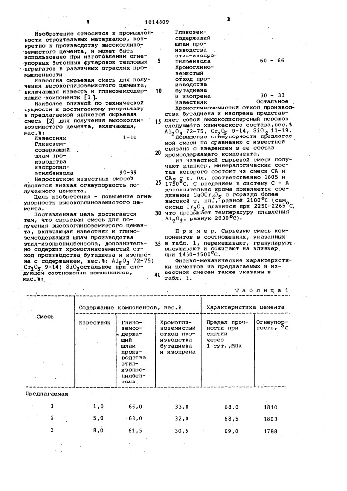 Сырьевая смесь для получения высокоглиноземистого цемента (патент 1014809)