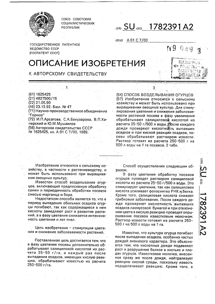 Способ возделывания огурцов (патент 1782391)