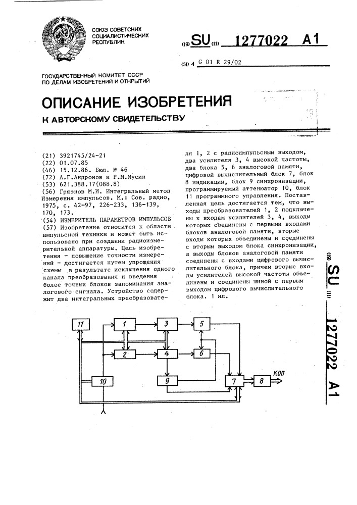 Измеритель параметров импульсов (патент 1277022)