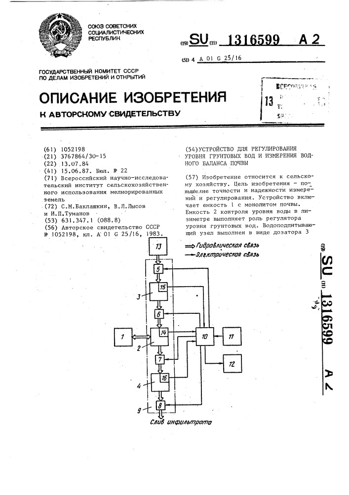 Устройство для регулирования уровня грунтовых вод и измерения водного баланса почвы (патент 1316599)