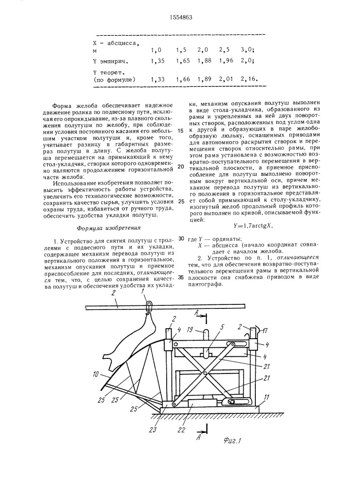 Устройство для снятия полутуш с троллеями с подвесного пути и их укладки (патент 1554863)