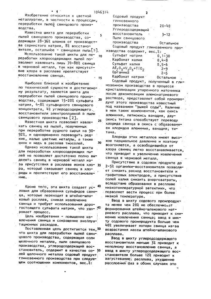 Шихта для переработки пылей свинцового производства (патент 1046314)