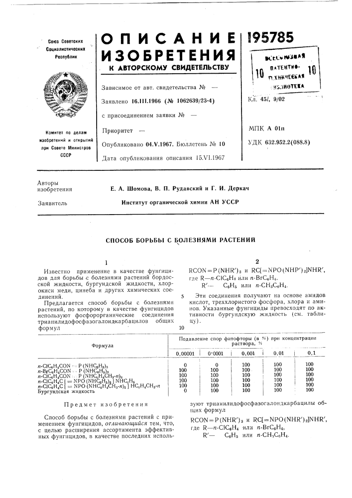 Способ борьбы с болезнями растений (патент 195785)