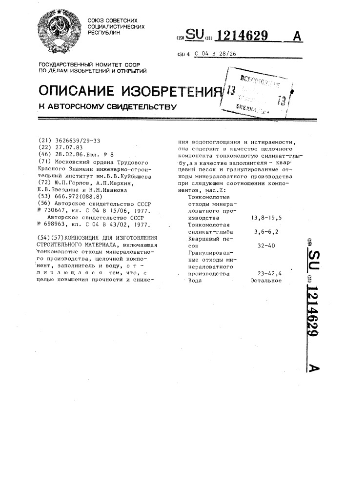 Композиция для изготовления строительных материалов (патент 1214629)
