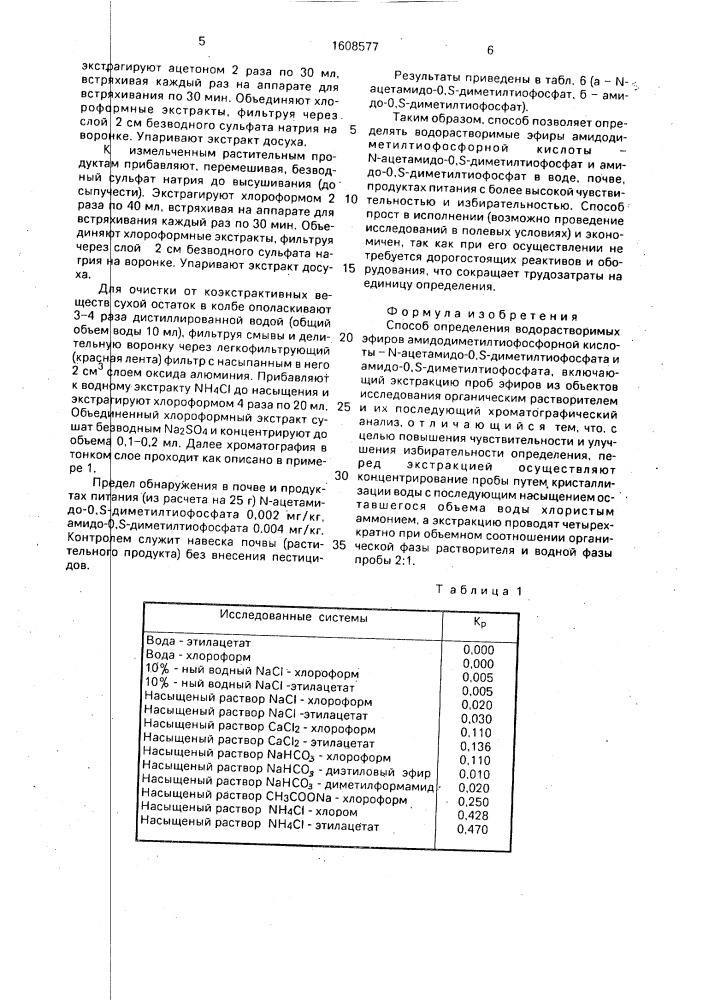 Способ определения водорастворимых эфиров амидодиметилтиофосфорной кислоты - n-ацетамидо-о,s- диметилтиофосфата и амидо-о,s-диметилтиофосфата (патент 1608577)