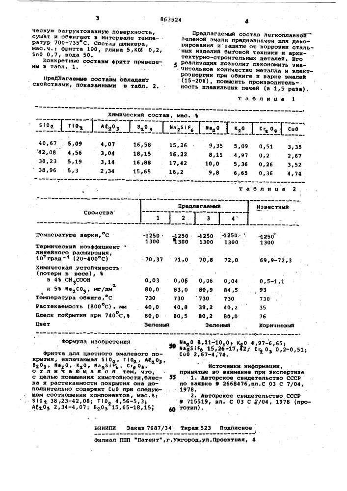 Фритта для цветного эмалевого покрытия (патент 863524)