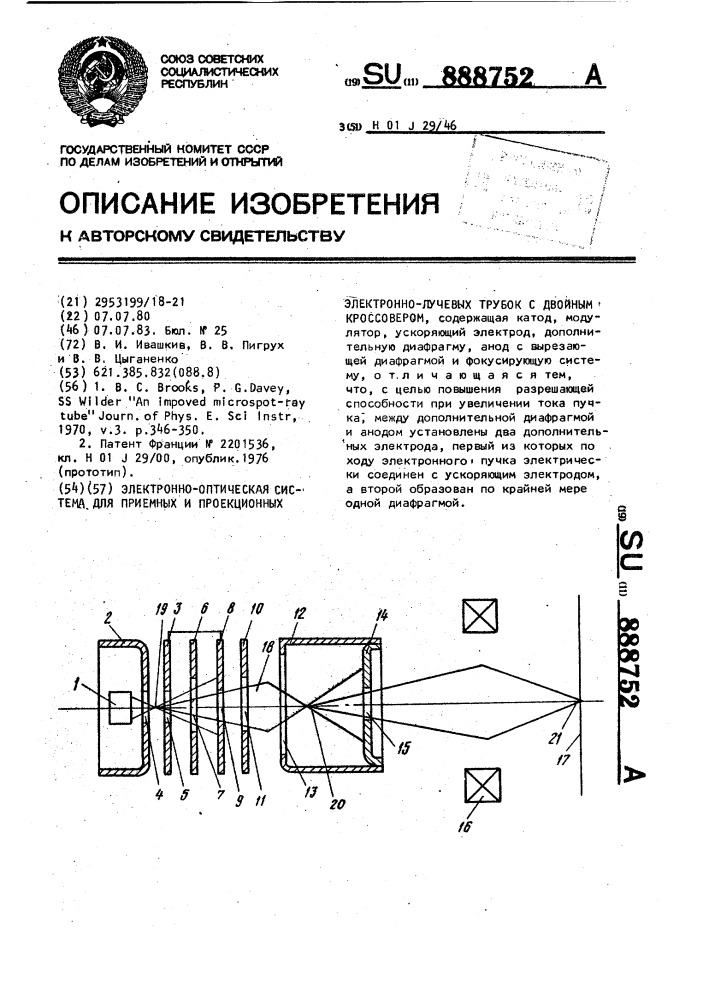 Электронно-оптическая система для приемных и проекционных электронно-лучевых трубок с двойным кроссовером (патент 888752)