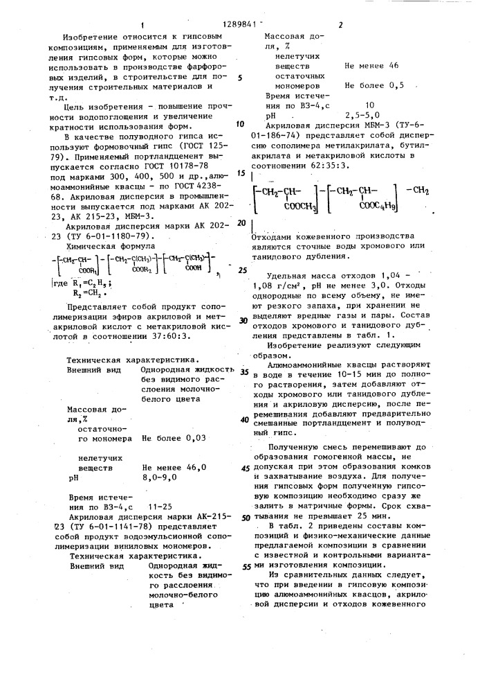 Гипсовая композиция для изготовления форм (патент 1289841)