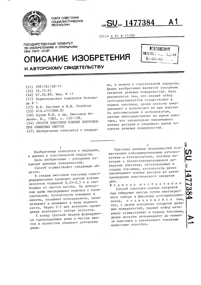 Способ пластики кожных покровов при обширных ожогах (патент 1477384)