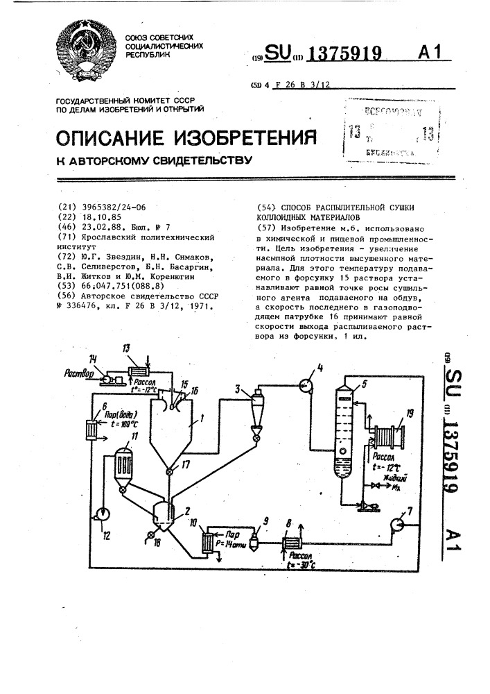 Способ распылительной сушки коллоидных материалов (патент 1375919)