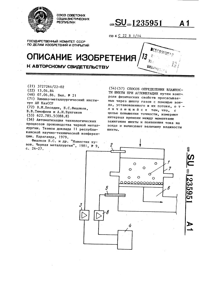 Способ определения влажности шихты при агломерации (патент 1235951)