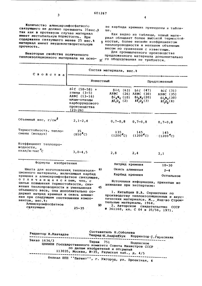 Шихта для изготовления теплоизоляционного материала (патент 601267)