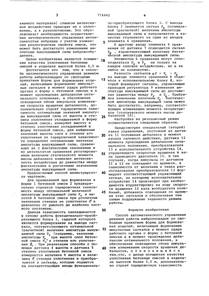Способ автоматического управления режимом работы виброплощадок со свободным прижатием формы для формования изделий (патент 774942)
