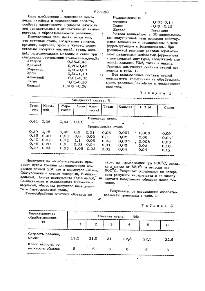 Литейная сталь (патент 821528)