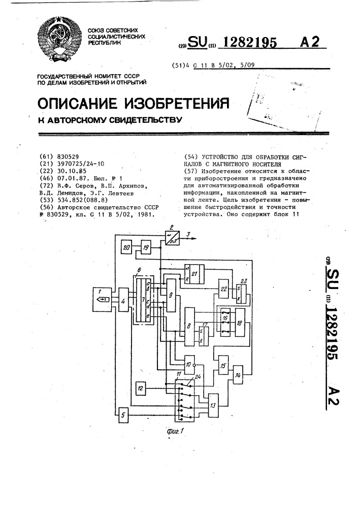 Устройство для обработки сигналов с магнитного носителя (патент 1282195)