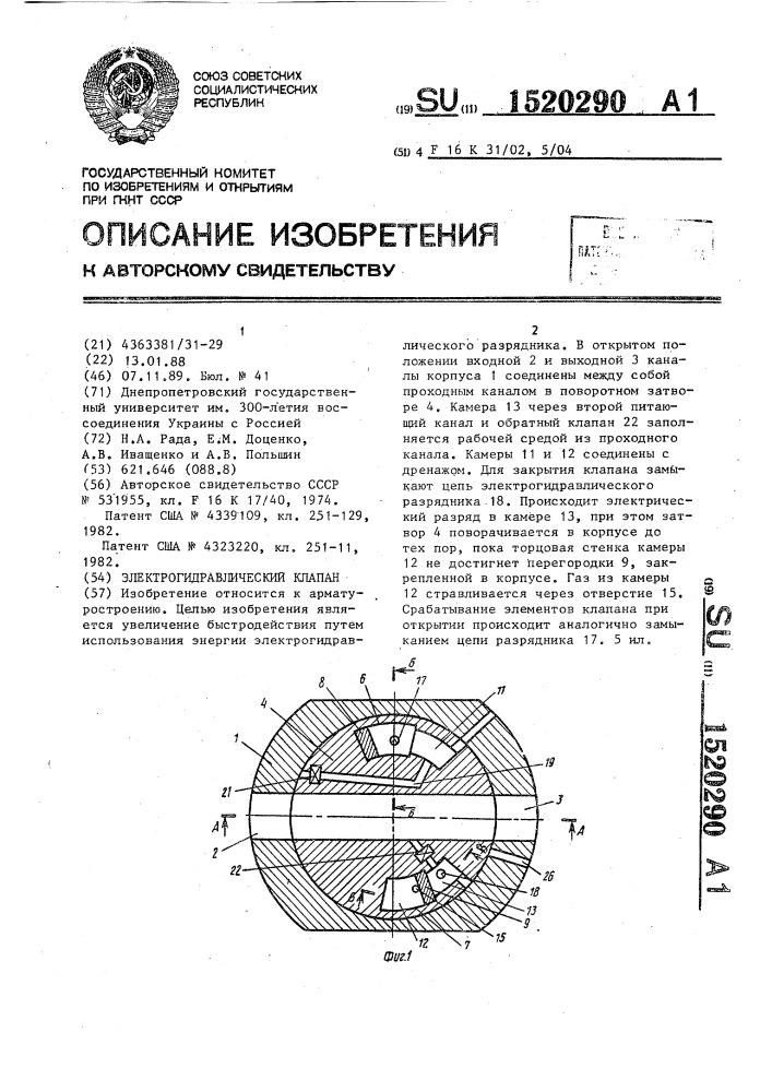 Электрогидравлический клапан (патент 1520290)