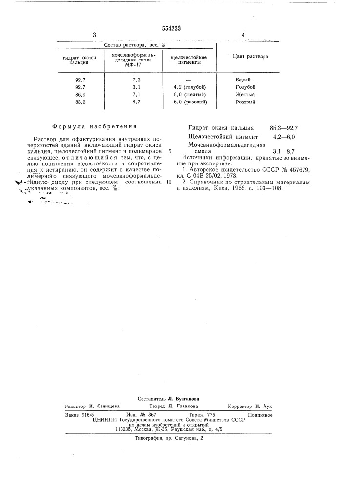 Раствор для офактуривания внутренних поверхностей зданий (патент 554233)