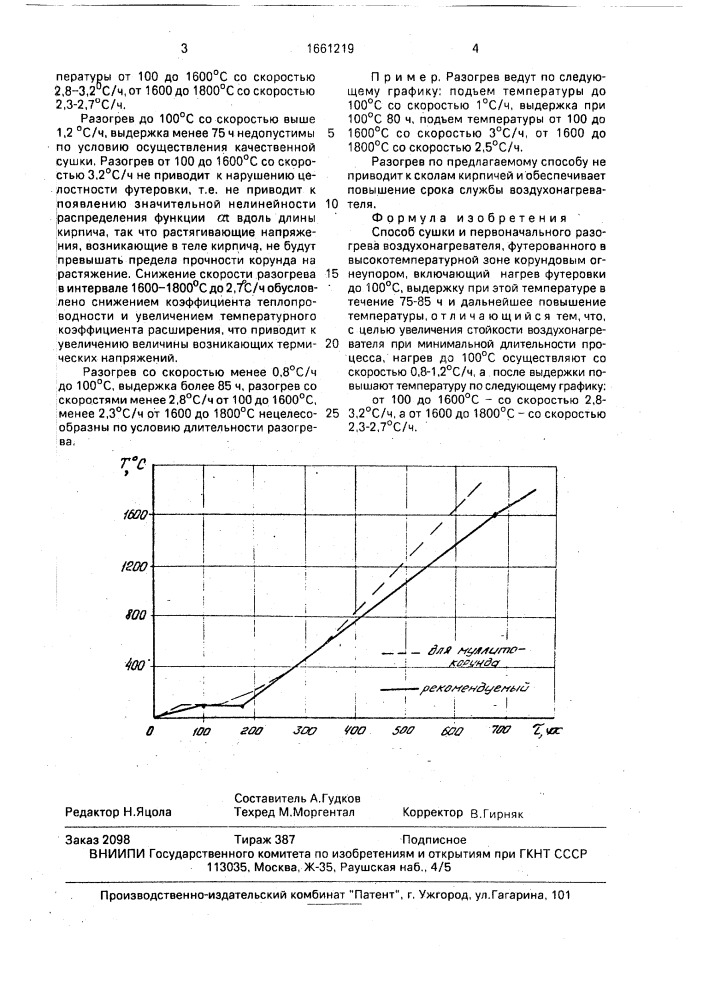 Способ сушки и первоначального разогрева воздухонагревателя, футерованного в высокотемпературной зоне корундовым огнеупором (патент 1661219)