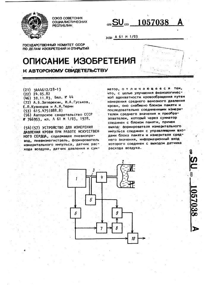 Устройство для измерения давления крови при работе искусственного сердца (патент 1057038)