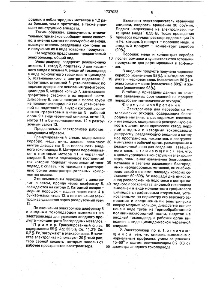 Электролизер для переработки металлических отходов, содержащих благородные металлы, с растворимым взвешенным анодом (патент 1737023)