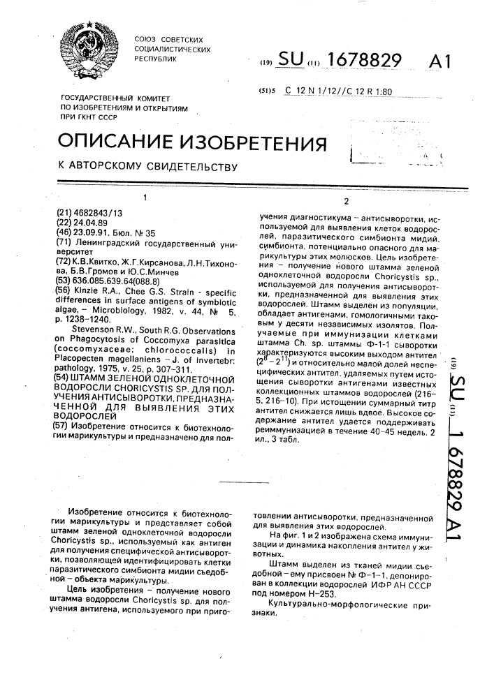 Штамм зеленой одноклеточной водоросли сноriсysтis sp. для получения антисыворотки, предназначенной для выявления этих водорослей (патент 1678829)