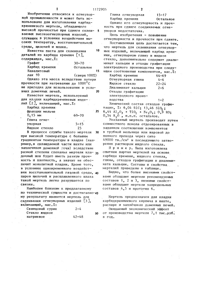 Мертель для склеивания огнеупорных изделий (патент 1172905)