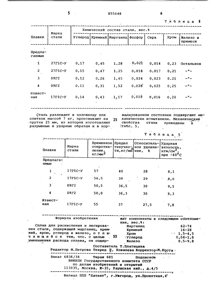 Сплав для раскисления и легирования стали (патент 855048)