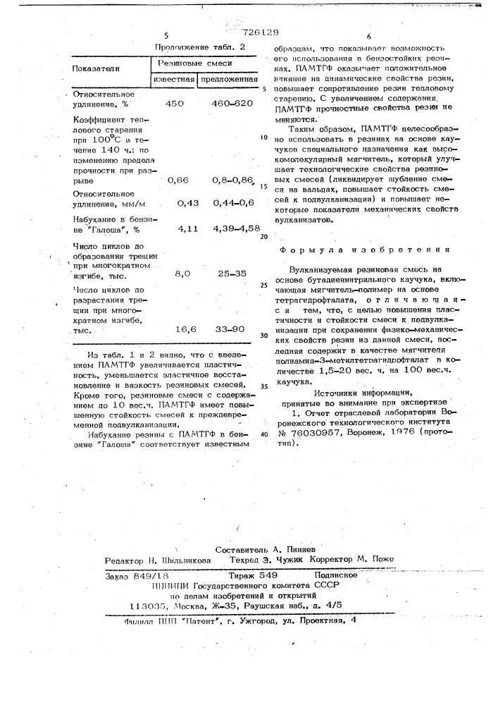 Вулканизуемая резиновая смесь на основе бутадиеннитрильного каучука (патент 726129)