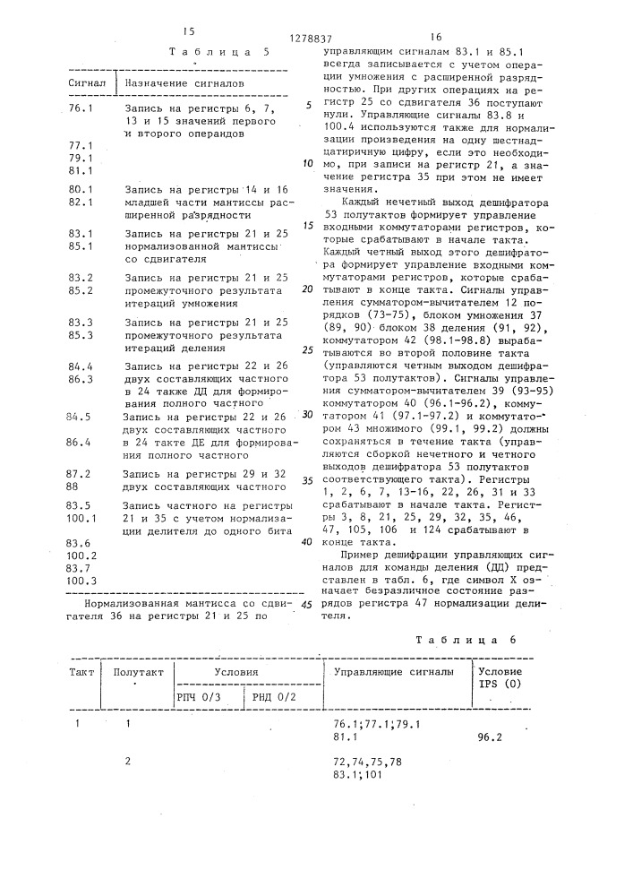 Устройство для умножения и деления с плавающей точкой (патент 1278837)