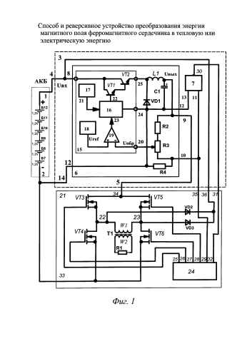 Способ и реверсивное устройство преобразования энергии магнитного поля ферромагнитного сердечника в тепловую или электрическую энергию (патент 2586251)