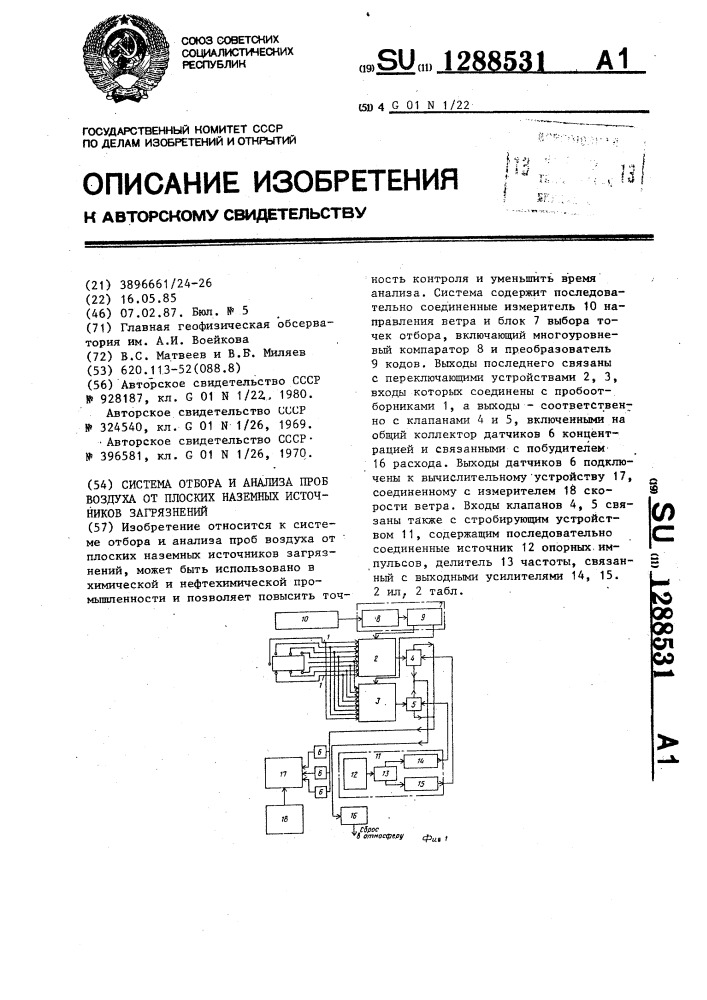 Система отбора и анализа проб воздуха от плоских наземных источников загрязнений (патент 1288531)