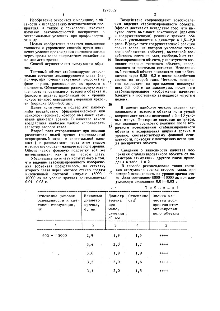 Способ стимуляции зрительного восприятия стабилизированного относительно сетчатки тестового объекта (патент 1273052)