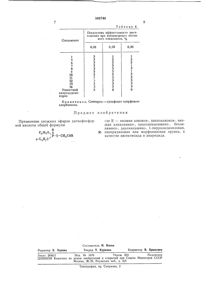 Инсектицид и акарицид (патент 369746)