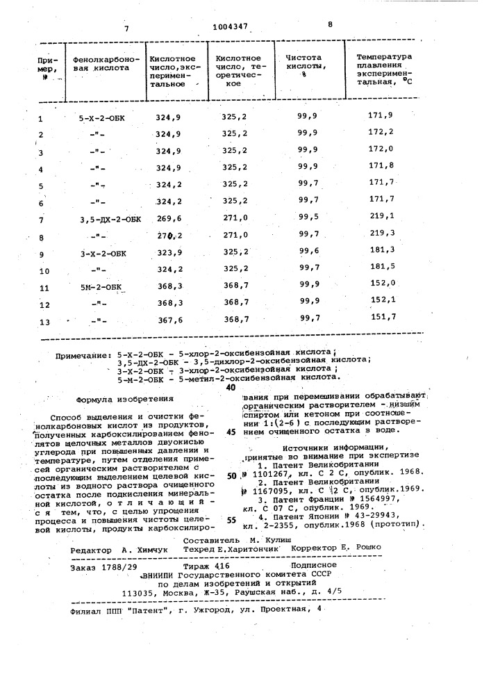 Способ выделения и очистки фенолкарбоновых кислот (патент 1004347)