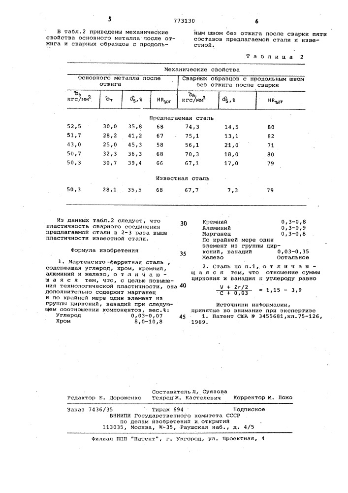 Мартенсито-ферритная сталь (патент 773130)