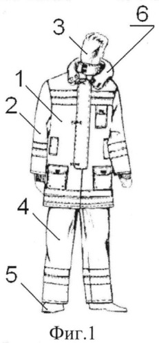 Костюм боевой одежды спасателей, действующих в условиях горящих объектов при наличии летящих и падающих предметов разрушающегося объекта и при радиоактивном излучении (патент 2538462)