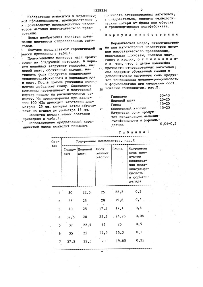 Керамическая масса (патент 1328336)