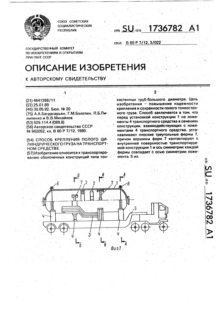 Способ крепления полого цилиндрического груза на транспортном средстве (патент 1736782)