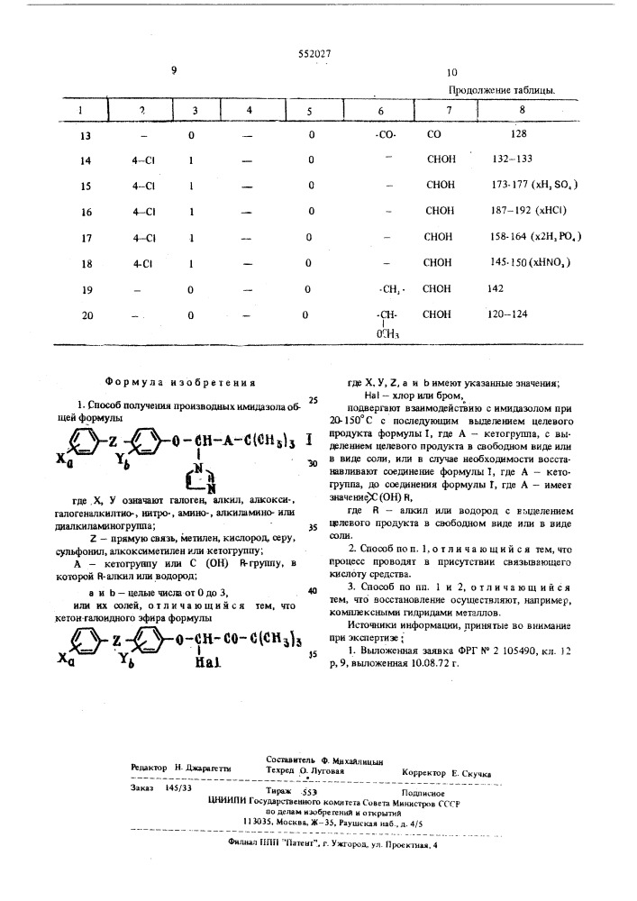 Способ получения производных имидазола или их солей (патент 552027)