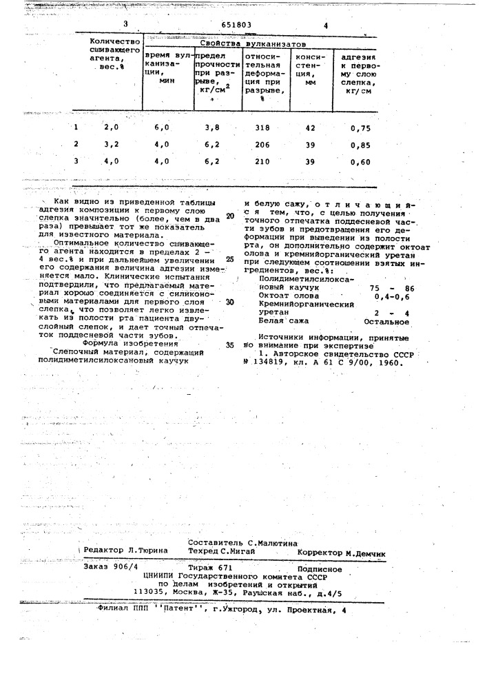 Слепочный материал (патент 651803)