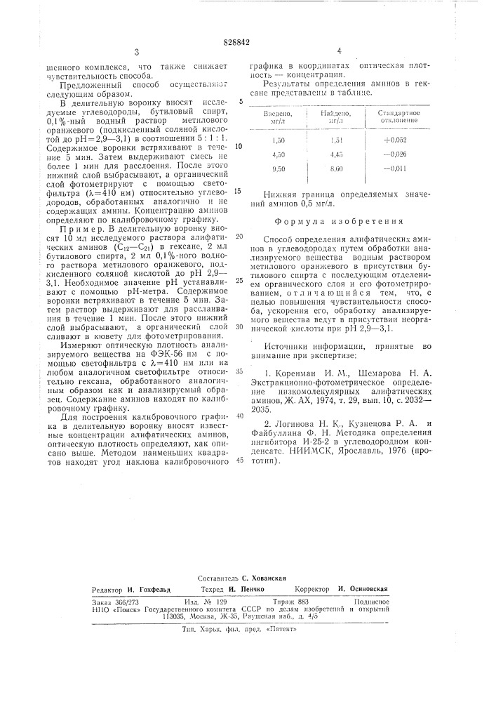 Способ определения алифатических аминов в углеводородах (патент 828842)